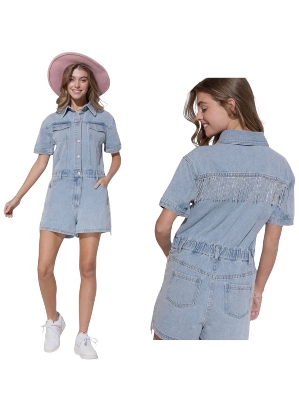 NEW blue b Light Wash Washed Rhinestone Fringe Back & Side Denim Jean Romper